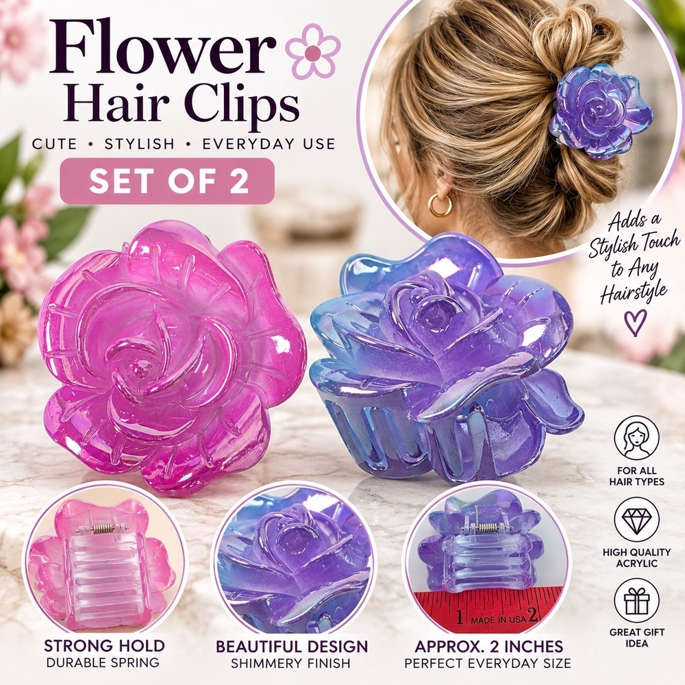 Melody Flower Hair Clips Set of 2 Pink Purple Iridescent Rose Claw Clips 2 Inch